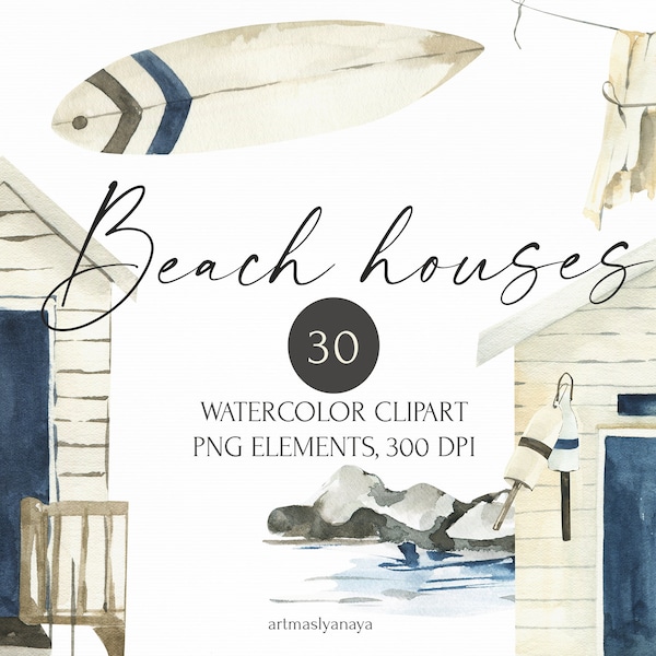 Watercolor Beach houses clipart. Digital painted summer seascapes for instant download. Serf, stones, fish houses, sea, mountains in png.