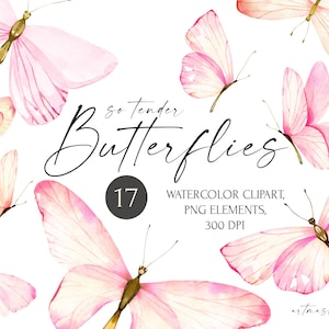 Clipart de borboleta em aquarela, ilustrações digitais de borboletas rosa-pêssego suaves para convites de casamento, chá de bebê, cartões de aniversário PNG