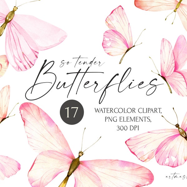 Aquarell Schmetterling Clipart, zarte rosa-pfirsichfarbene Schmetterlinge digitale Illustrationen für Hochzeitseinladungen, Babyparty, Geburtstagskarten PNG