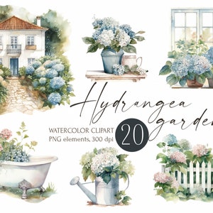 Aquarell Hortensien Garten Clipart. Kommerzielle Nutzung, digitale Bilder, Frühling Blumen Clipart, Häuser, Sommer Blüte, Zäune, Fenster.