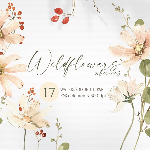 Aquarell Wildblumen Clipart, handgezeichnete digitale Illustrationen zum sofortigen Download, PNG Blumen, Botanisches Set für den kommerziellen Gebrauch