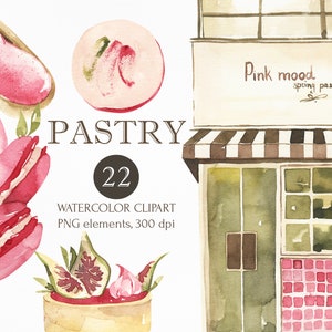 Clipart aquarela Pastelaria rosa. Sobremesa doce, éclair, macaron, bolos, torta. Ilustração digital de alimentos png. Pacotes de presentes, clipart de aniversário.