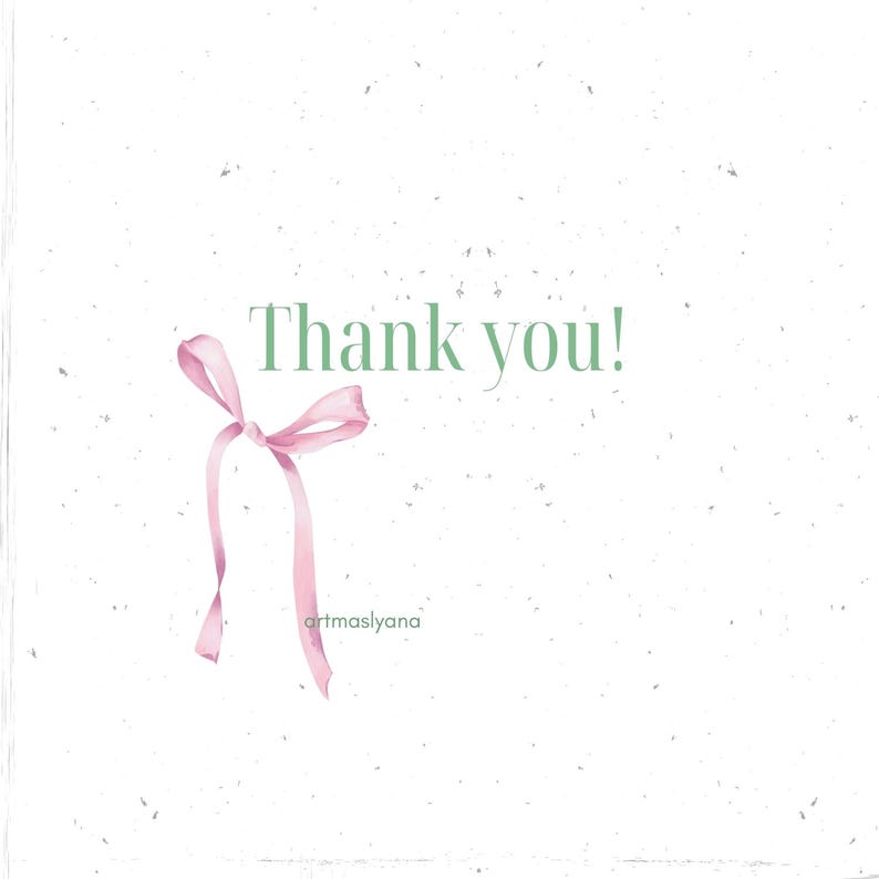 May include: A simple thank you card with a pink ribbon bow on a white background with a subtle speckled texture.