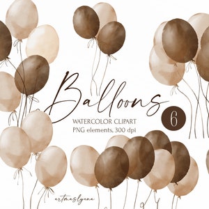 Clipart ballons aquarelle, images numériques anniversaire. Couleurs tendance beige brun, couleurs pastel, éléments de fête, célébration avec des ballons