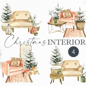 Aquarel kerst interieur clipart, wintervakantie tijd, kerstboom, Nieuwjaar decor png. Digitale trendy kerstillustratiekunst.