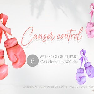 Hand drawn boxing gloves. Watercolor cancer control. Pink ribbon as symbol. International symbol in PNG for instant download. Purple Green