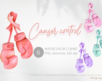 Hand drawn boxing gloves. Watercolor cancer control. Pink ribbon as symbol. International symbol in PNG for instant download. Purple Green