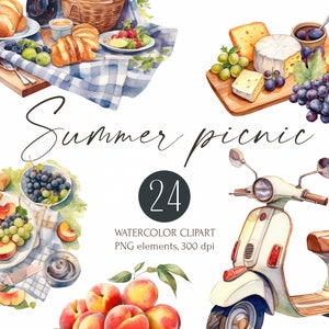 Imágenes prediseñadas de acuarela Picnic de verano, frutas frescas, vino, picnic en el jardín, bicicleta, bicicleta, naturaleza, cesta de picnic, tabla, queso, imágenes png de pan.