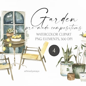 May include: Watercolor illustration of a garden scene with a table, chairs, potted plants, and lemons. The illustration is in a pre-made composition style, perfect for creating digital or printed designs.