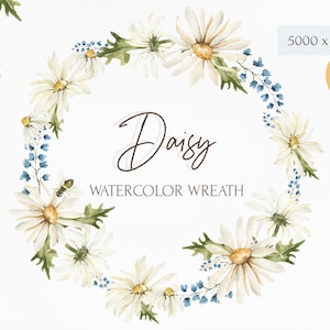 May include: Watercolor daisy wreath with white petals, yellow centers, and green leaves. The wreath includes small blue flowers and a bee. Text reads "Daisy Watercolor Wreath". A small circle indicates "1 PNG" and the dimensions.