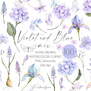 Bundle floral printanier : Aquarelles fleurs bleu violet, Images numériques de papillons, Clipart aquarelle de fleurs sauvages, Illustrations de Pâques png thumbnail