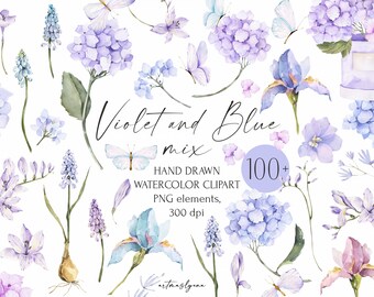 Spring Floral Bundle: Blue Violet Watercolor Flowers, Digital Butterflies Images, Watercolor Wildflower Clipart, Easter Illustrations png