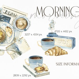 May include: A watercolor illustration of a morning scene with a cup of coffee, a croissant, a newspaper, and a clock. The illustration is in a light blue and brown color scheme.