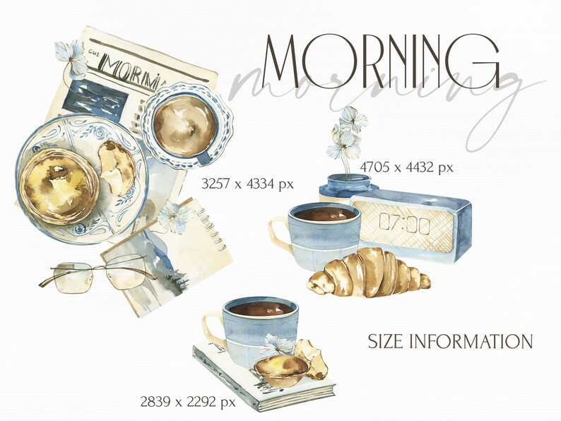 May include: A watercolor illustration of a morning scene with a cup of coffee, a croissant, a newspaper, and a clock. The illustration is in a light blue and brown color scheme.