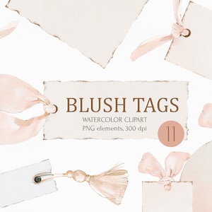 Etiquettes tendres aquarelles blush, jolies étiquettes pour votre texte, cartes-cadeaux, images numériques. Illustrations numériques PNG à téléchargement immédiat.