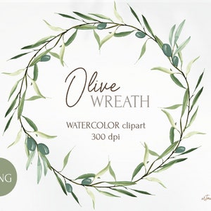 Clipart di Watercolor Olives Wreath per il download immediato. Cornice per inviti di nozze. Composizione di verde in formato PNG. Illustrazione botanica di olive