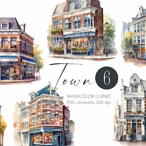 Aquarel clipart Town, stadshuizen afbeeldingen, digitale instant download, architectuur, straatcafé, boekhandel png clipart, gratis commercieel gebruik