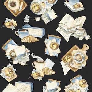 May include: Watercolor illustration of a morning scene with a cup of coffee, a croissant, a book, a newspaper, a clock, and a few other items. The illustration is in a blue and brown color scheme.