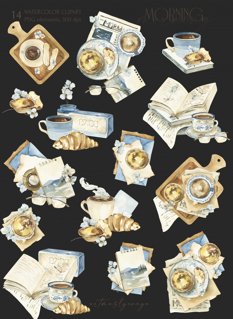 May include: Watercolor illustration of a morning scene with a cup of coffee, a croissant, a book, a newspaper, a clock, and a few other items. The illustration is in a blue and brown color scheme.