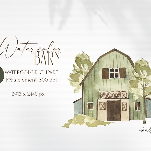 Barn Watercolor clipart. Rustic wedding element, wooden green barn. Rural building PNG. Country House for instant download. Village home