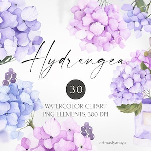 Puede incluir: Conjunto de clipart de acuarela de 30 flores de hortensia en tonos de morado y azul. Las flores están dispuestas en varios ramos y algunas están en un jarrón. El texto "Hydrangea" y "30 Watercolor Clipart PNG Elements, 300 DPI" está incluido en la imagen.