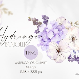 Aquarell-Blumenstrauß aus violetten Blüten, zarten Blättern und Beeren zum sofortigen Download. Hochzeitsarrangement für Einladungskarten.