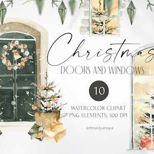 Porte e finestre di Natale clipart acquerello. Composizione di Capodanno. Albero di Natale, regali, neve, ghirlanda, giocattoli png. Illustrazione digitale