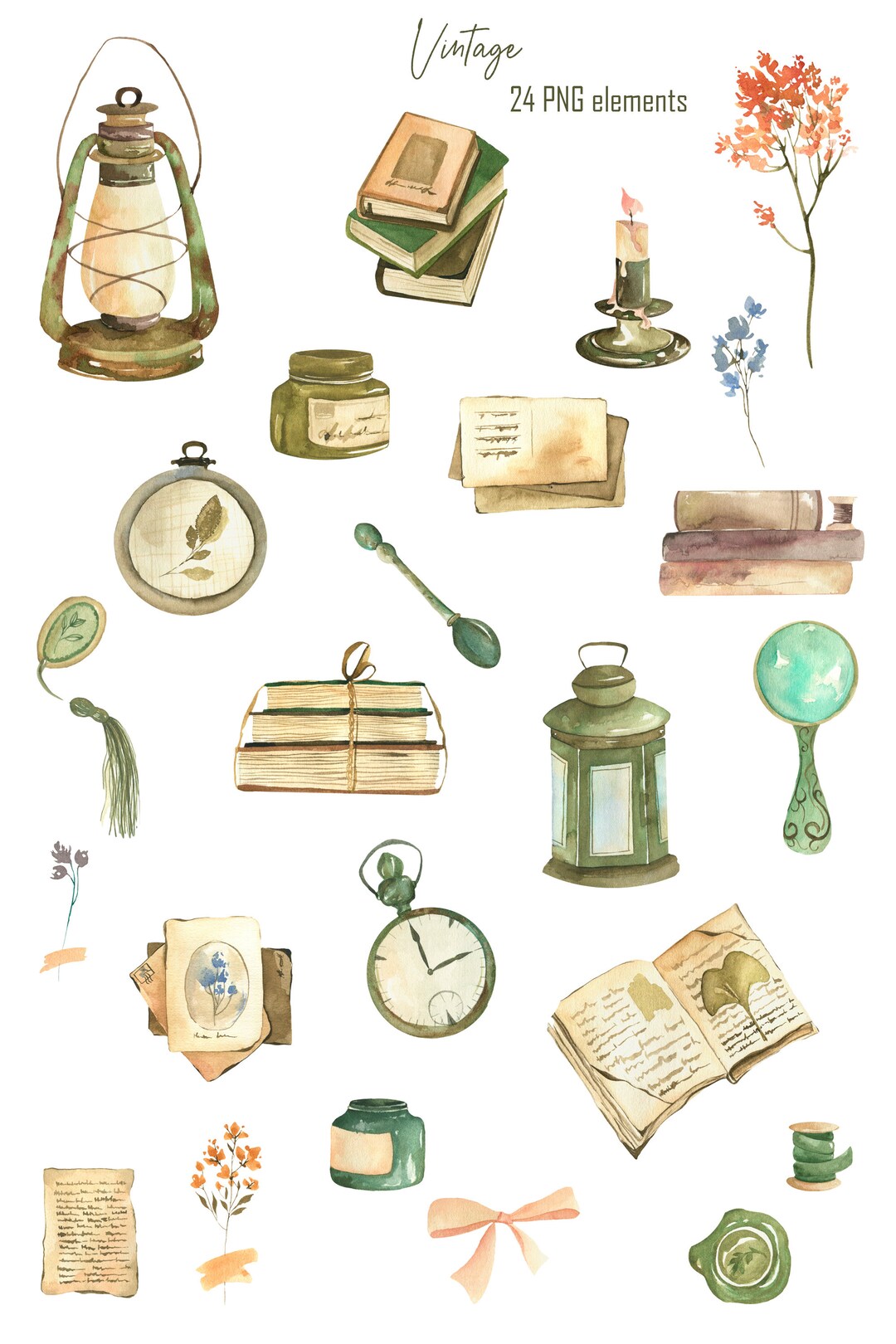 Watercolor Vintage Clipart Collection Hand Painted Books Clocks