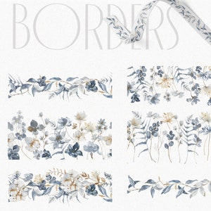 Bordes florales sin costuras en acuarela: flores, hojas y arreglos botánicos en beige marfil. Borde digital para descarga instantánea en formato PNG, helecho azul.
