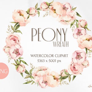 Pfingstrose Kranz Clipart. Florale PNG Hochzeit Komposition. Frühlingsblüte, Grün, blühende Blumen. Platz für Ihren Text.