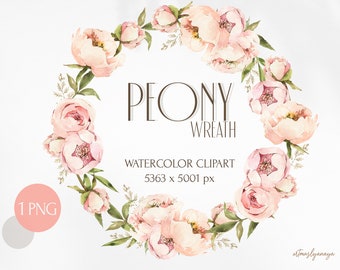 May include: Watercolor clipart of a pink peony wreath. The wreath is made of pink peonies and green leaves. The text "PEONY WREATH" is written in brown text above the wreath. The text "WATERCOLOR CLIPART 5363 x 5001 px" is written in brown text below the wreath.