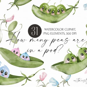 Watercolor Peas in a Pod, Twin Baby Shower clipart, triplets peas in a pod, one pea in a pod, gender party, cute cartoon kids illustration.