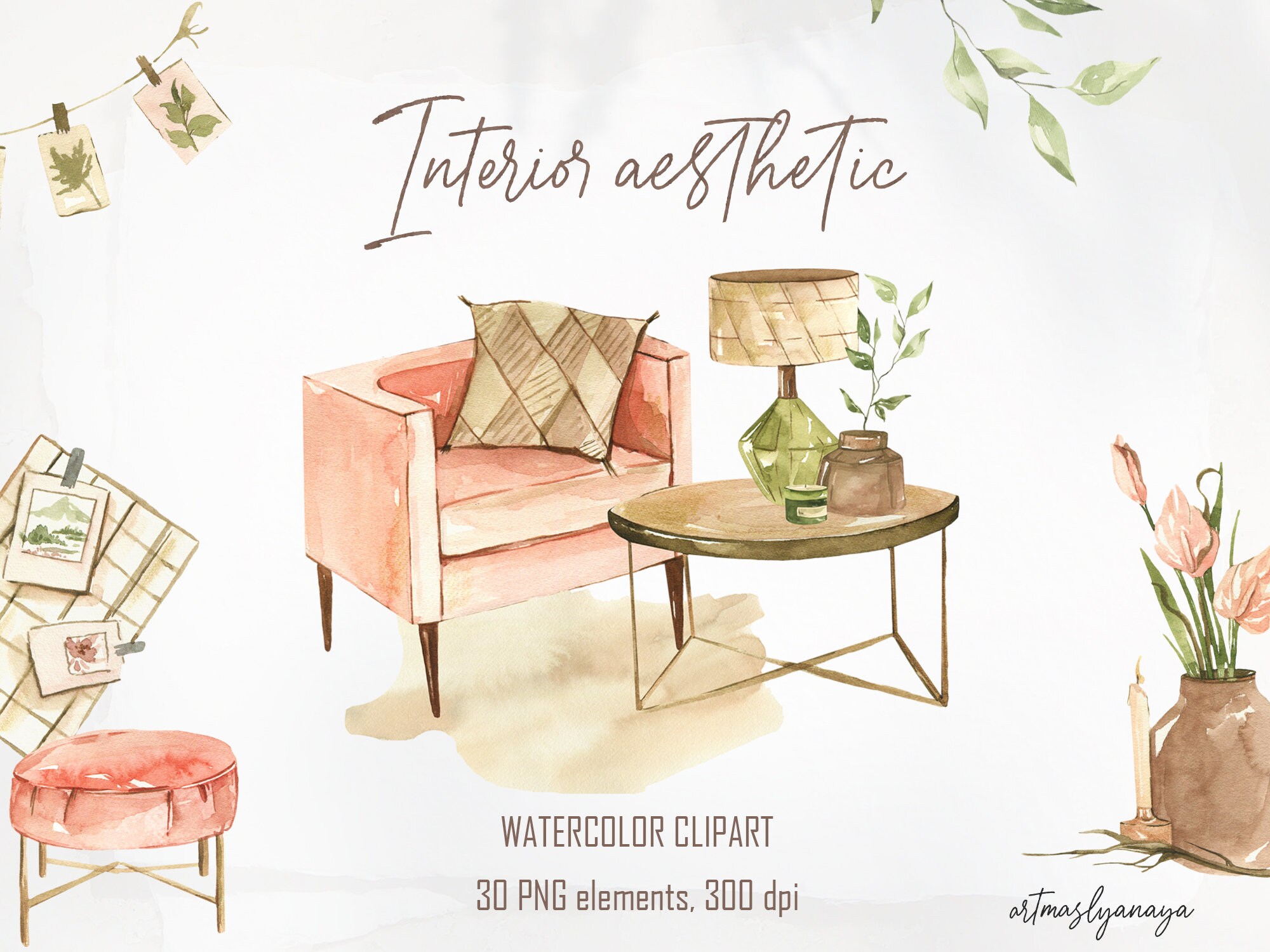 picture Aesthetic Furniture Png watercolor clipart interior aesthetic digital trendy furniture natural decor plants in png for instant download for planner scrapbook