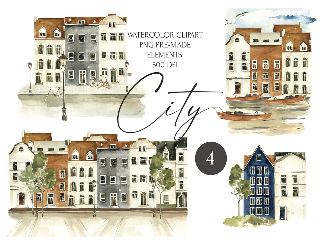 Watercolor City House Png Clipart. Digital Town Illustrations. Pre-made ...