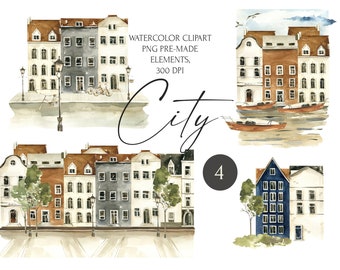 Watercolor City house png clipart. Digital town illustrations. Pre-made compositions of houses, streets, lanterns, bikes, trees, buildings.