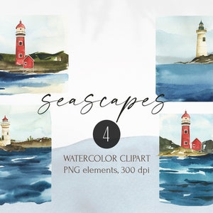 Watercolor Seascapes clipart for instant download. Mediterranean sea views with lighthouses in PNG. Digital painted seaside clip art.