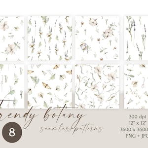 Puede incluir: Conjunto de ocho patrones florales sin costuras de acuarela que presentan flores delicadas, hojas y mariposas. Los patrones son perfectos para crear diseños digitales o impresos para telas, papel tapiz, papelería y más.