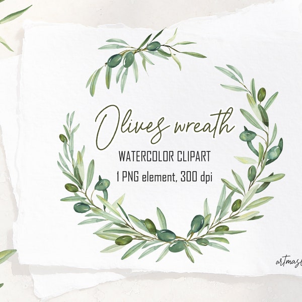 Watercolor clipart of Olives Wreath. Greenery PNG clipart for design. Digital frame. Olive branches with space for text (instant download)