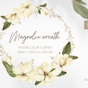 Corona de acuarela de flores y hojas de magnolia. Corona de boda tierna PNG digital para descarga instantánea. Marco floral para invitaciones, tarjetas.
