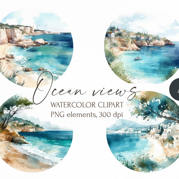 Watercolor Ocean landscapes clipart. Seascape, trees, plants, town, vacation travel illustrations png. Digital images for instant download.