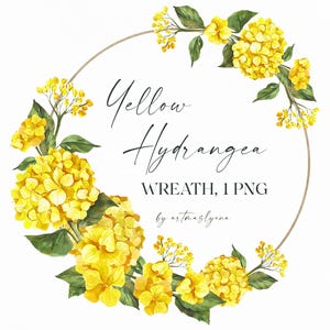 May include: Watercolor illustration of a wreath featuring bright yellow hydrangea flowers and green leaves. The text "Yellow Hydrangea Wreath, 1 PNG" is written in a script font, with the artist's name below.