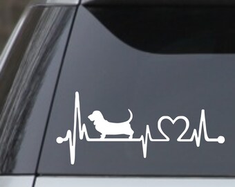 Basset Hound Heartbeat Lifeline 7” White Dog laptop window car Decal Sticker