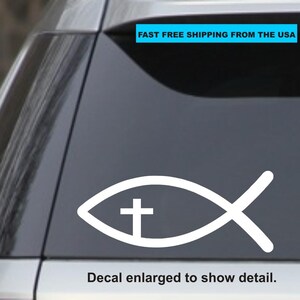 Ichthys (Fish) Cross 7&quot; White Vinyl Cars, Trucks, laptops, lockers etc