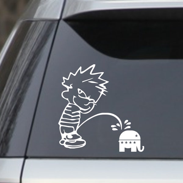 6" Calvin Peeing Pissing On Republican Window Sticker Decal – ( Resist Bumper Election) Cars, Trucks, laptops, lockers etc