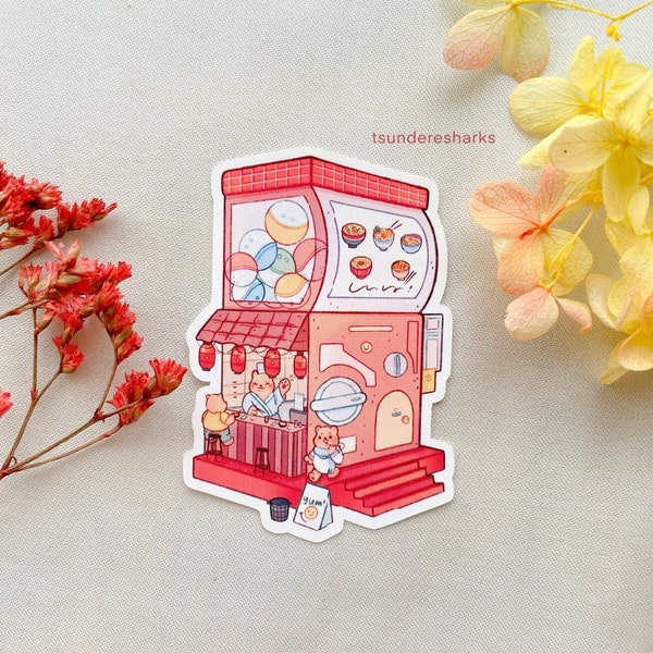 Gacha Bear Ramen Noodle Shop Vinyl Sticker | Cute Asian Japanese Sticker | Aesthetic Foodie Noodles Lanterns Toy Journaling Stationery