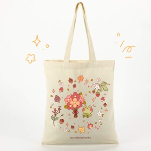 Frog Mushroom Cottagecore Autumn Fall Natural Canvas Floral Natural Canvas Totebag with Zipper + Mini Pocket | Cute Kawaii Art Hand Reusable