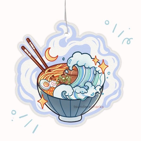 Ramen Noodles Bowl Great Wave Food Hanging Car Air Freshener Double Sided | Cute Kawaii Japanese Asian Aesthetic Anime Accessories