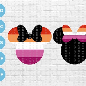 Puede incluir: Dos siluetas de cabeza de Mickey Mouse en blanco y negro con un lazo. El lazo de la silueta de la izquierda está formado por rayas naranjas, blancas, rosas y moradas. El lazo de la silueta de la derecha está formado por rayas naranjas, blancas y moradas.