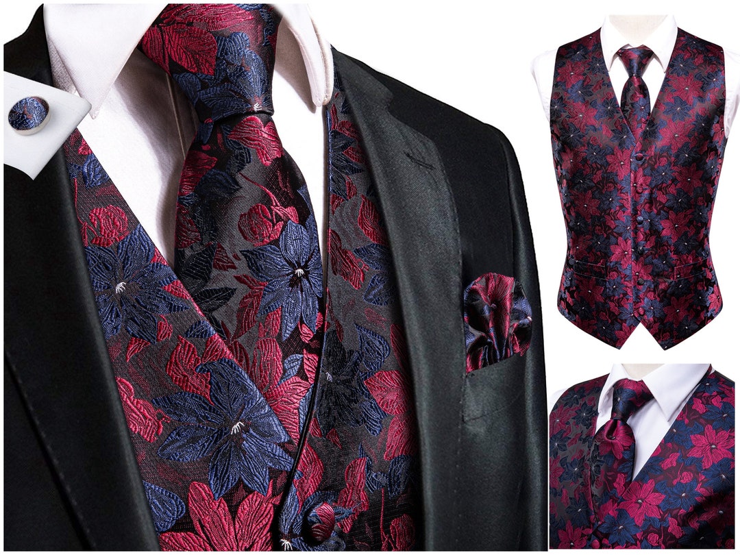 Hi Tie® Men's Novelty Waistcoat Floral Silky Vest Set - Etsy