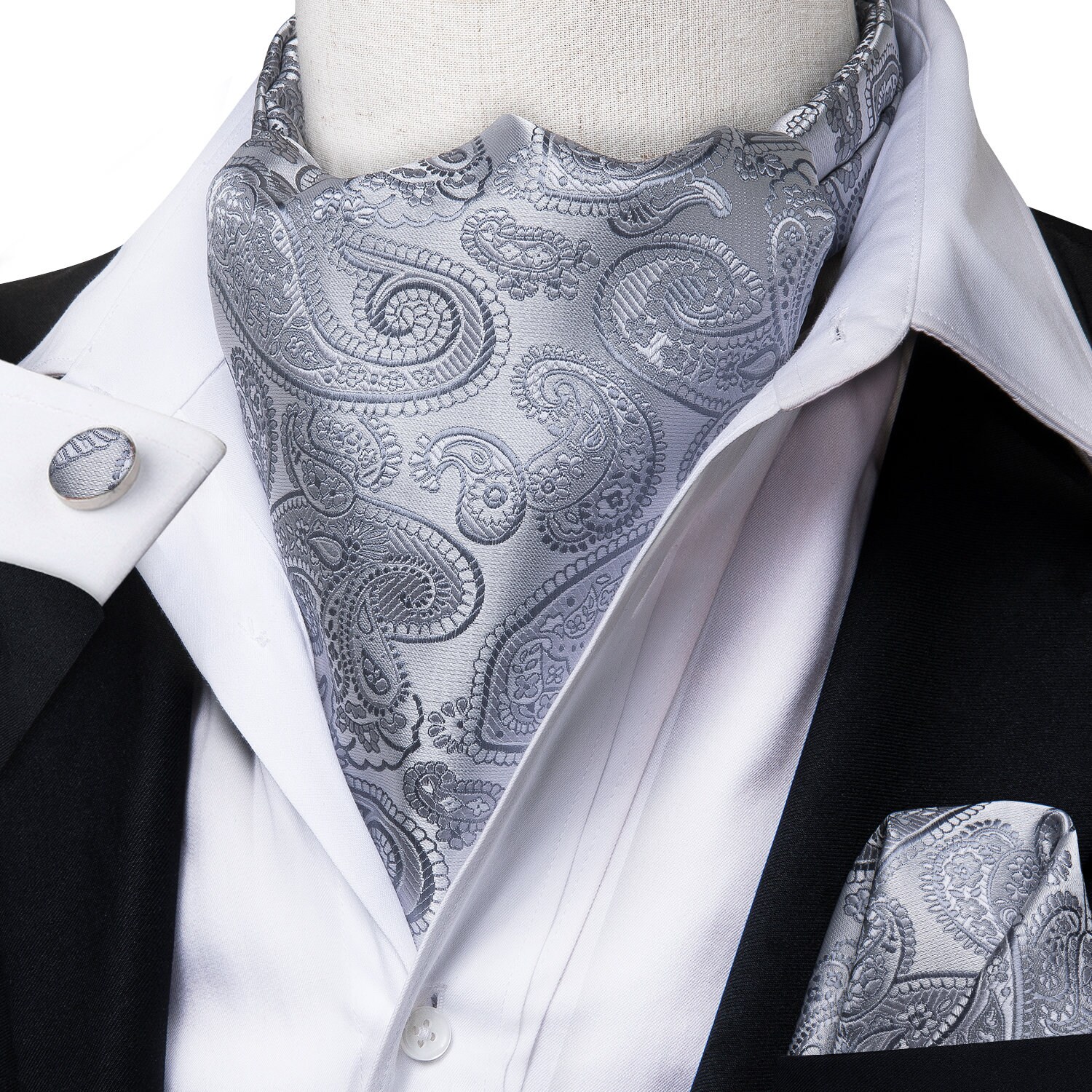 Mens Silk Ascot Cravat Tie Suit Black Paisley Floral Scarf Hanky Ring Set  Casual